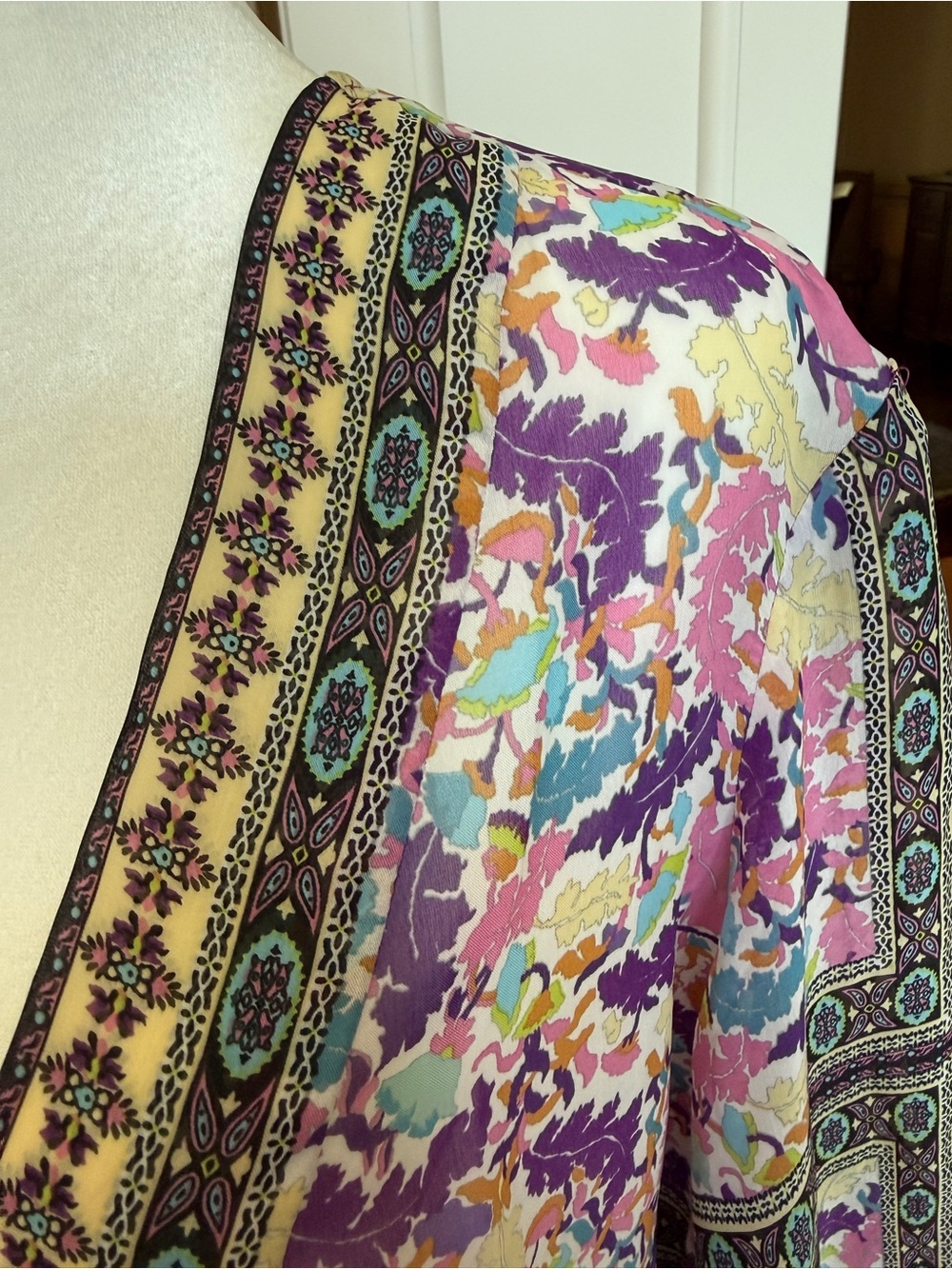 Susan Graver 1X Floral Border Print Open-Front Kimono Jacket - Pink Multi - Picture 4 of 11